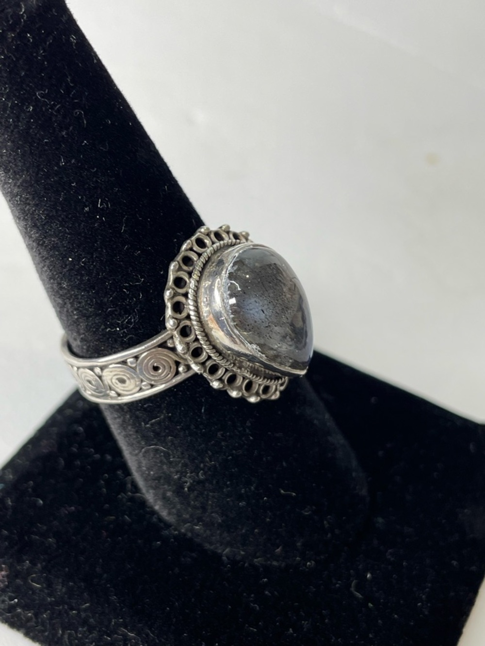 Sterling Silver Teardrop Opal Ring - Iridescent Rainbow Moonstone -Size 8.25